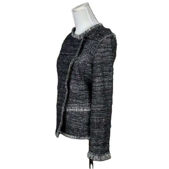 Banana Republic Jacket Women S Tweed Fringe Grey Lined Asymmetrical Snap Closure - Picture 3 of 15